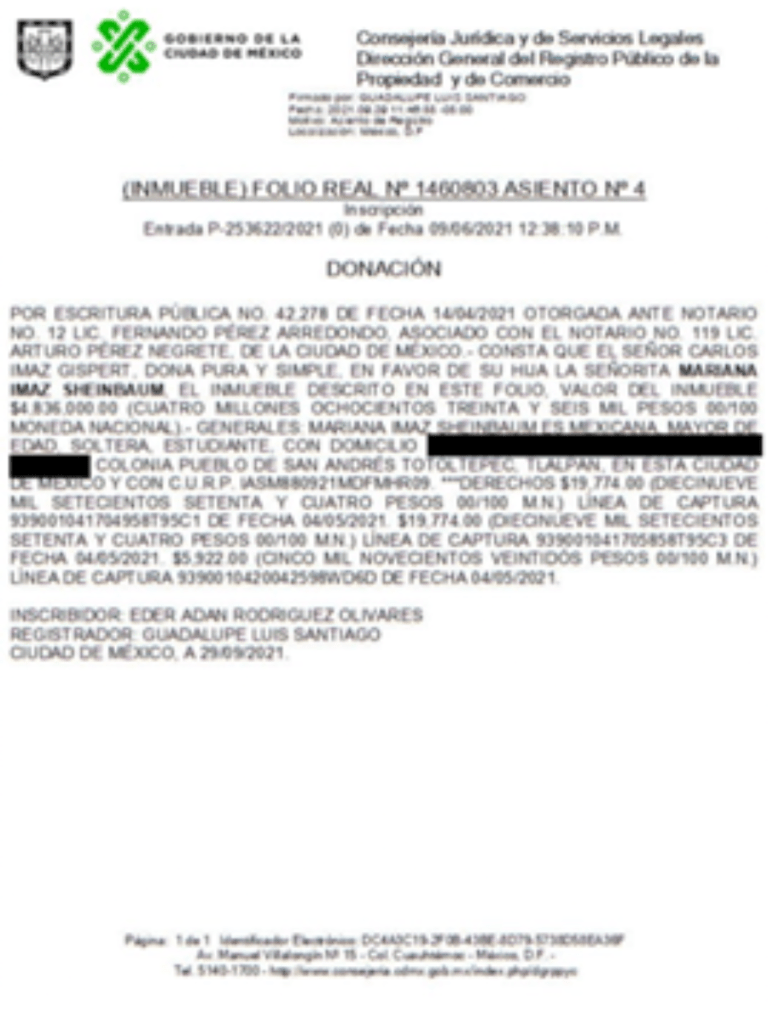 Inscripción ante el Registro de la Propiedad de la donación de la casa de Tlalpan a Mariana Ímaz Sheinbaum.