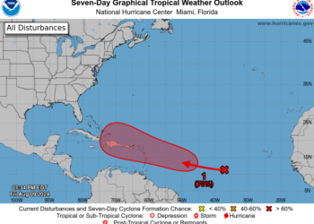 Zona de baja presión con alta probabilidad de desarrollo ciclónico en el Atlántico Central
