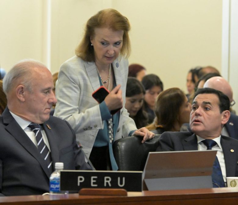 Los cancilleres Diana Mondino de Argentina, Rubén Ramírez Lescano de Paraguay y Javier Gonzalez Olaechea de Perú, ayer en la OEA