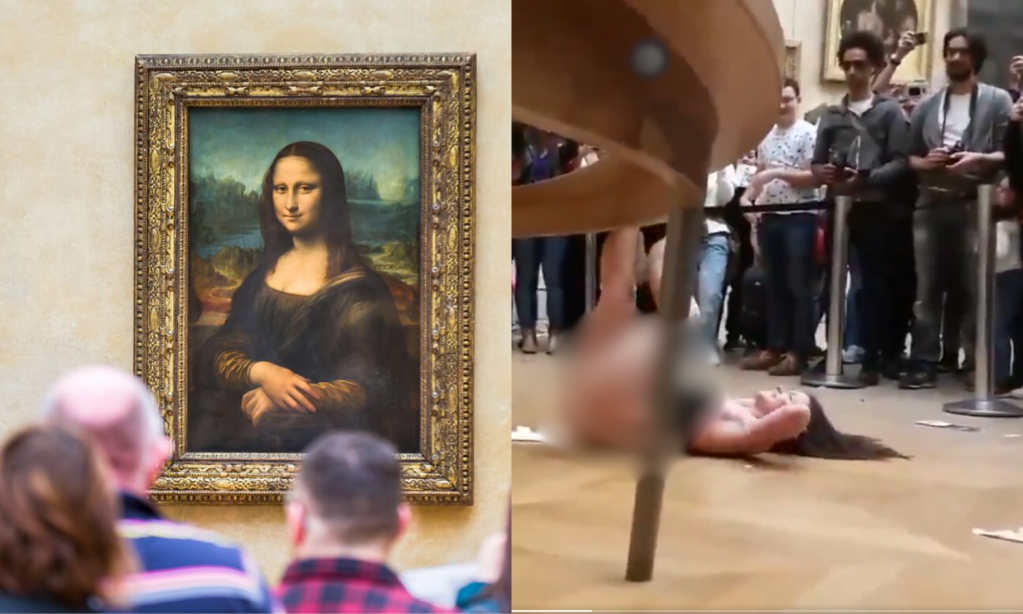 Mujer posa sin ropa frente al cuadro de la Mona Lisa en el Museo de Louvre, en París