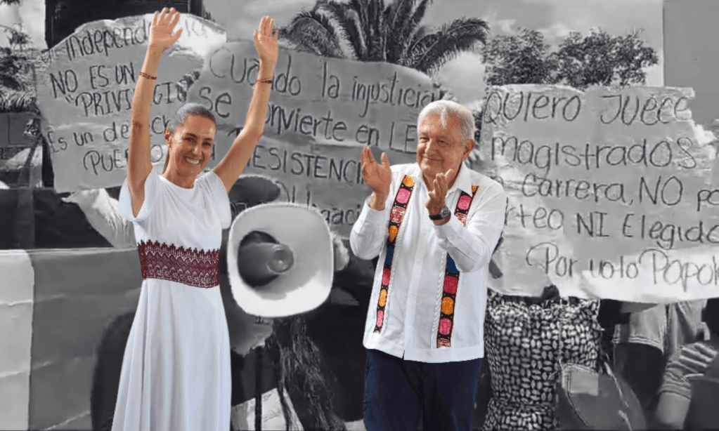 AMLO en Quintana Roo junto con Claudia Sheinbaum, fue recibido con protestas de trabajadores del PJF contra la reforma judicial VÍDEO