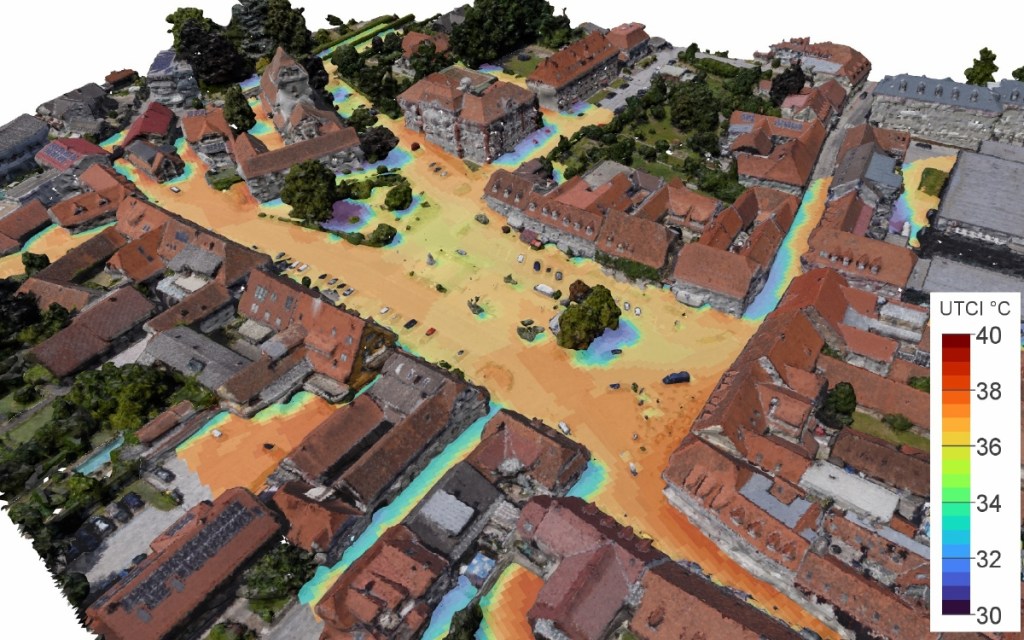 Mapa tridimensional y térmico del centro de la ciudad austriaca Weiz con datos captados por drones. Drones especiales que detectan con precisión el microclima de una ciudad facilitan soluciones innovadoras para reducir la percepción térmica en las llamadas islas de calor urbano