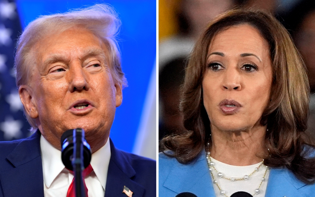 Donald Trump, el 15 de agosto pasado, en Bedminster, Nueva Jersey, y Kamala Harris en un evento de campaña, el 16 de agosto en Raleigh