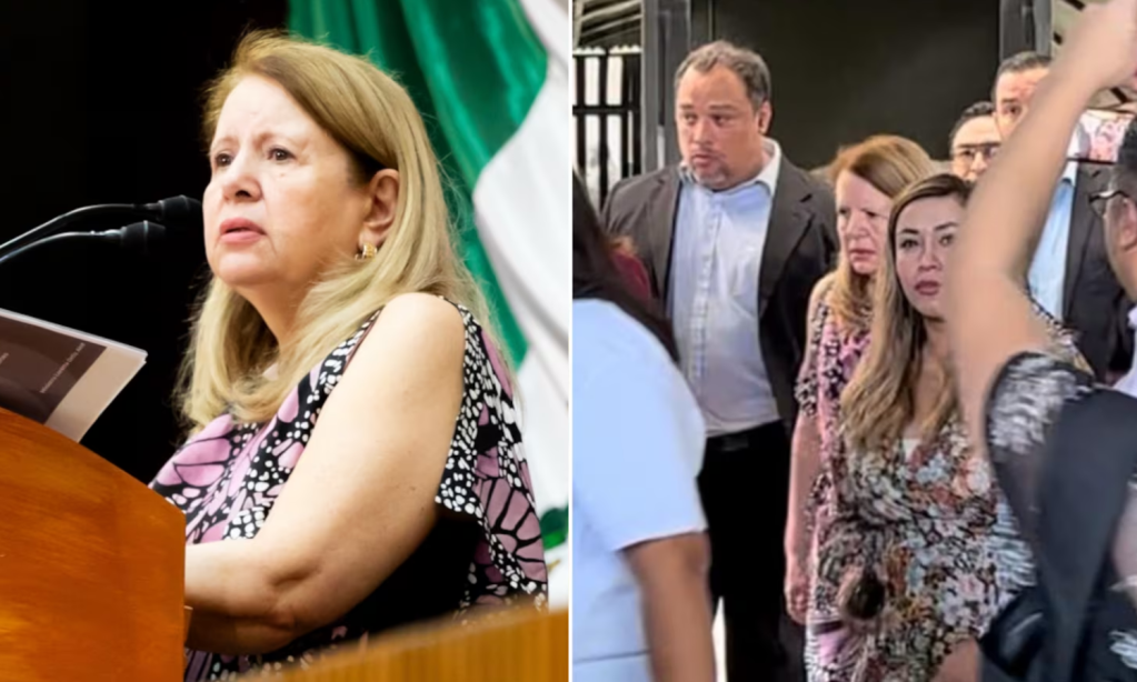 Loretta Ortiz Ahlf, fue recibida con rechiflas y “pastelazo” por manifestantes contra la aprobación de la reforma al Judicial en Nuevo León.