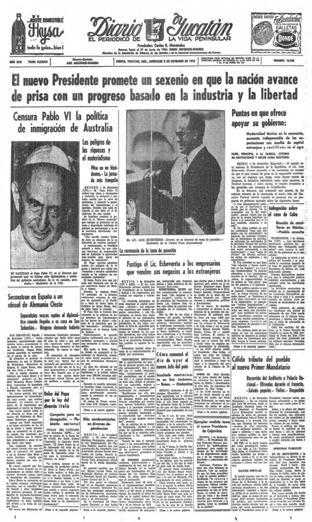 Portada de Diario de Yucatán del 2 de diciembre de 1970. Toma de posesión de Luis Echeverría Álvarez.