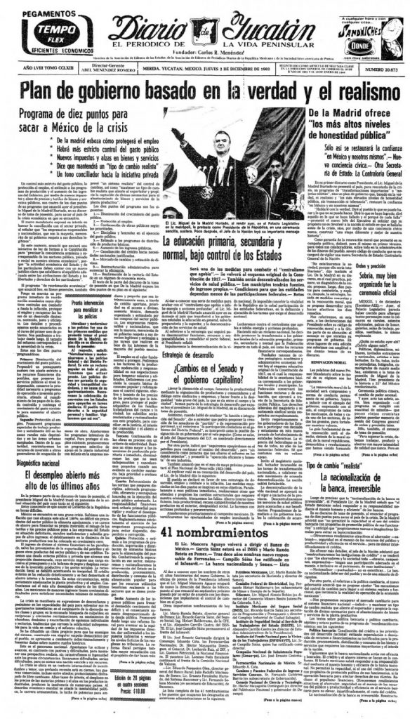 Portada de Diario de Yucatán del 2 de diciembre de 1982. Toma de posesión de Miguel de la Madrid Hurtado.