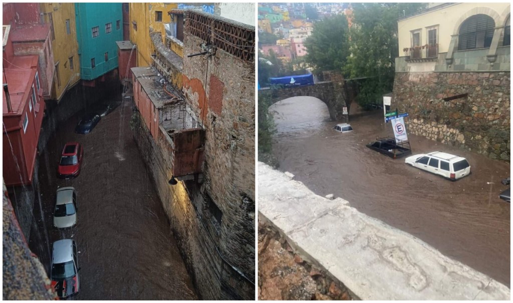 Tromba inunda calles de Guanajuato la noche de este domingo; varios conductores quedan atrapados por el agua y son arrastrados