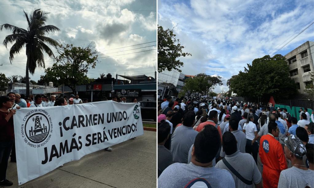 Empresarios y trabajadores marchan en Ciudad del Carmen, Campeche, exigen a Pemex que les pague adeudos que afectan sus operaciones