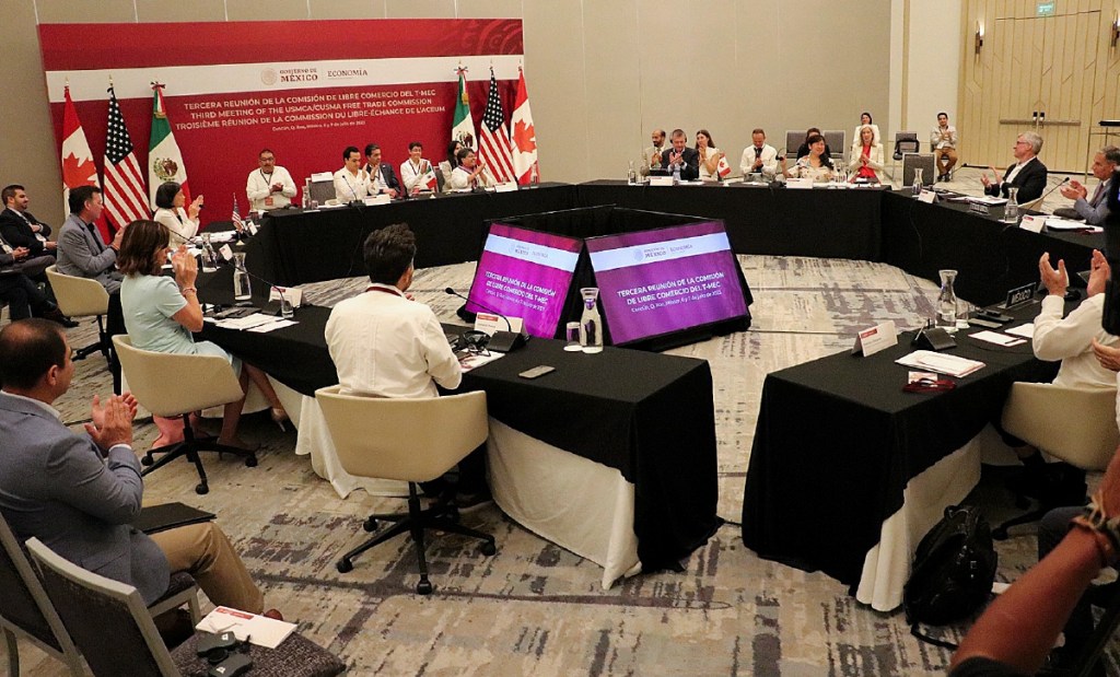 Reunión de trabajo del T-MEC con negociadores de EE.UU., México y Canadá, el 6 julio de 2023, en Cancún