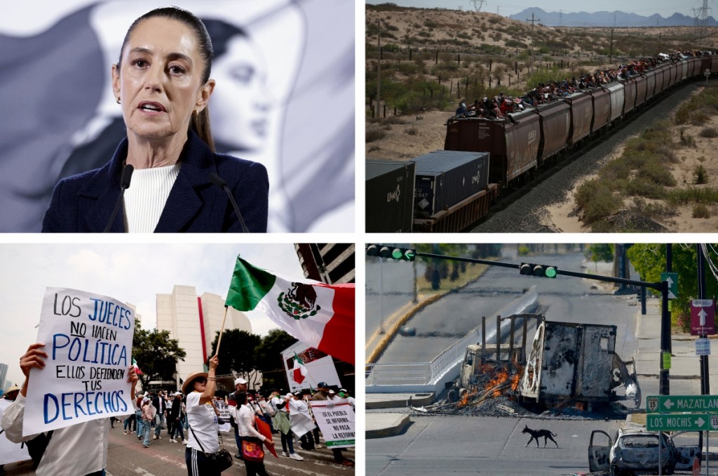 La presidenta Claudia Sheinbaum; migrantes viajando en “La Bestia”; personas protestando contra la reforma judicial; y vehículos quemados tras enfrentamientos entre fuerzas federales y grupos armados