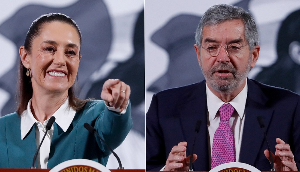 La presidenta Claudia Sheinbaum y el canciller Juan Ramón de la Fuente, durante una rueda de prensa