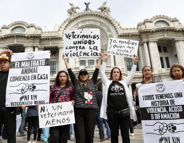 Arriba y a la derecha, dos aspectos de la Marcha Nacional por la Dignificación de la Medicina Veterinaria y Zootecnista, para exigir a los legisladores garantías en el ejercicio de la profesión veterinaria de forma segura en México