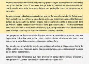 «Colectivo “Sélvame del Tren” celebra declaraciones de SEMARNAT sobre los daños del Tren Maya»