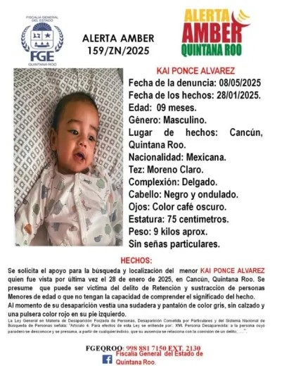 Ficha de búsqueda de Kai Ponce Álvarez, activada por la Fiscalía de Quintana Roo como parte del protocolo de Alerta Amber.