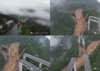 Camión queda al borde del abismo tras derrumbe de viaducto en China