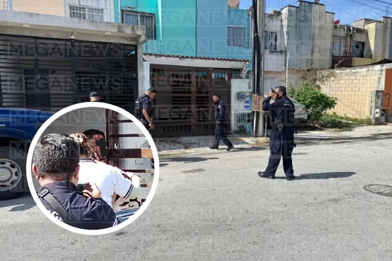Elementos de seguridad resguardaron la vivienda tras el intento de secuestro en la Supermanzana 223 de Cancún.