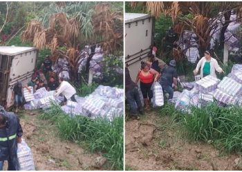 Pobladores rapiñan pañales tras volcadura de un tráiler en Oaxaca