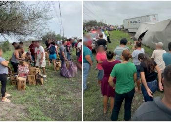 Rapiñan tráiler con cerveza tras volcadura en carretera de Tamaulipas