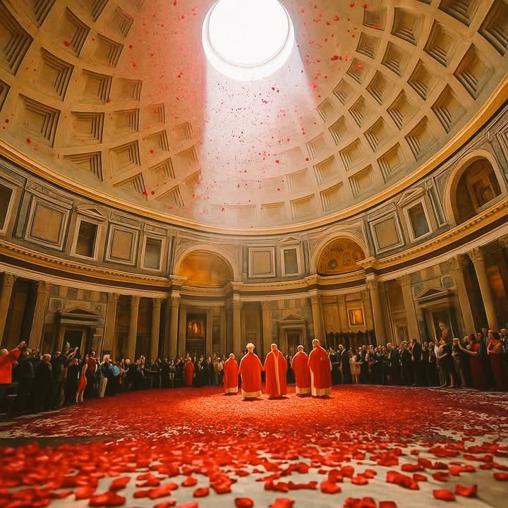 Miles de pétalos de rosa cayeron desde la cúpula del Panteón durante la celebración de Pentecostés, simbolizando el descenso del Espíritu Santo.