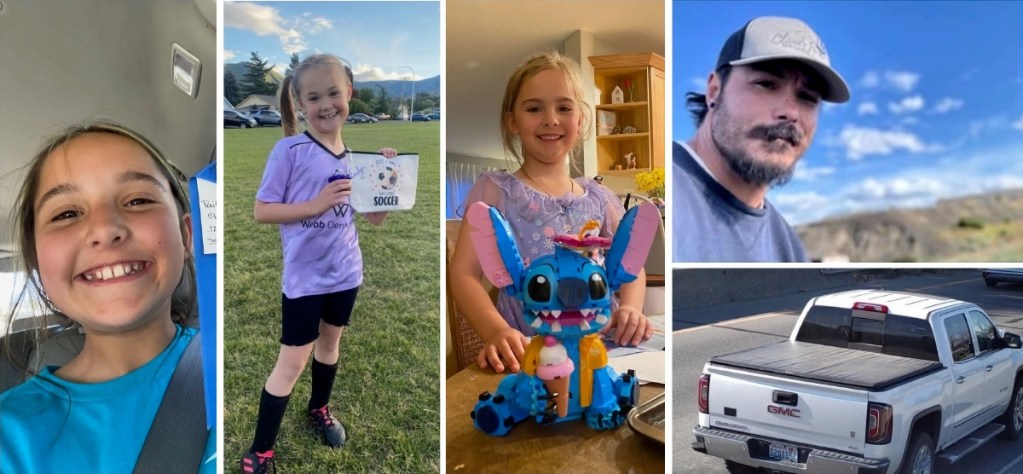 Desde la izquierda, Paityn, Evelyn y Olivia Decker, y su padre Travis Decker, así como la camioneta éste, una GMC Sierra blanca 2017, cerca de la cual fueron encontrados los cuerpos