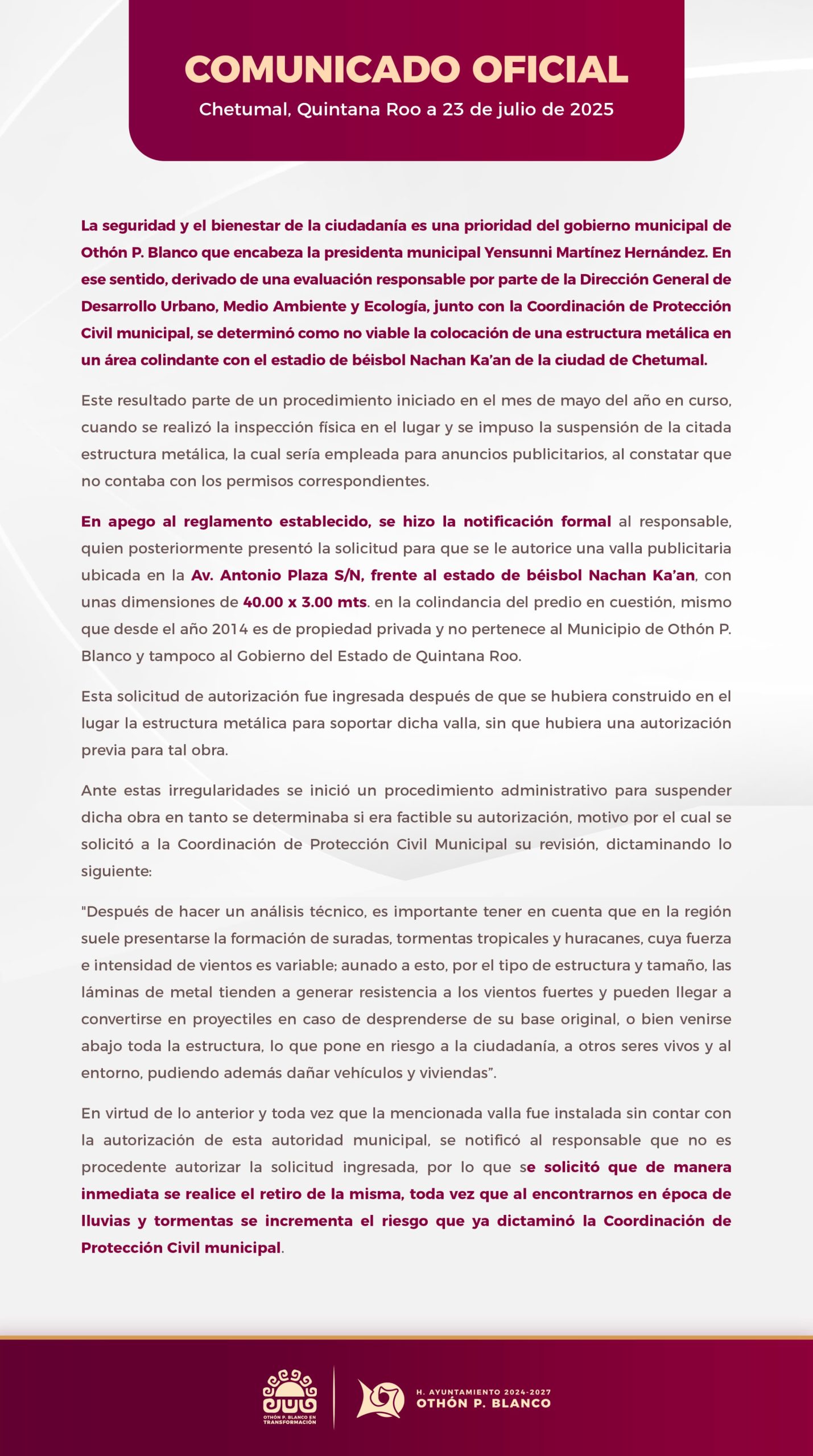 valla publicitaria Chetumal, anuncio publicitario Nachan Ka’an, riesgos por estructuras metálicas
