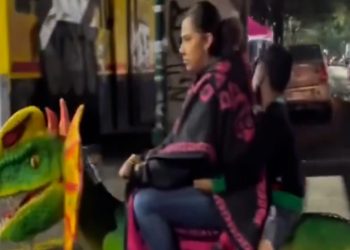 📹🚨 VIDEO// Ingenio Mexicano: Mujer Pasea en Dinosaurio por las Calles con su Hijo