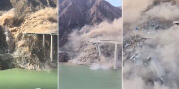 Colapsa espectacularmente un puente sobre un río en China tras un deslizamiento de tierra