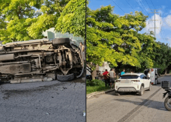 Imprudencia al volante provoca volcadura en avenida Nichupté