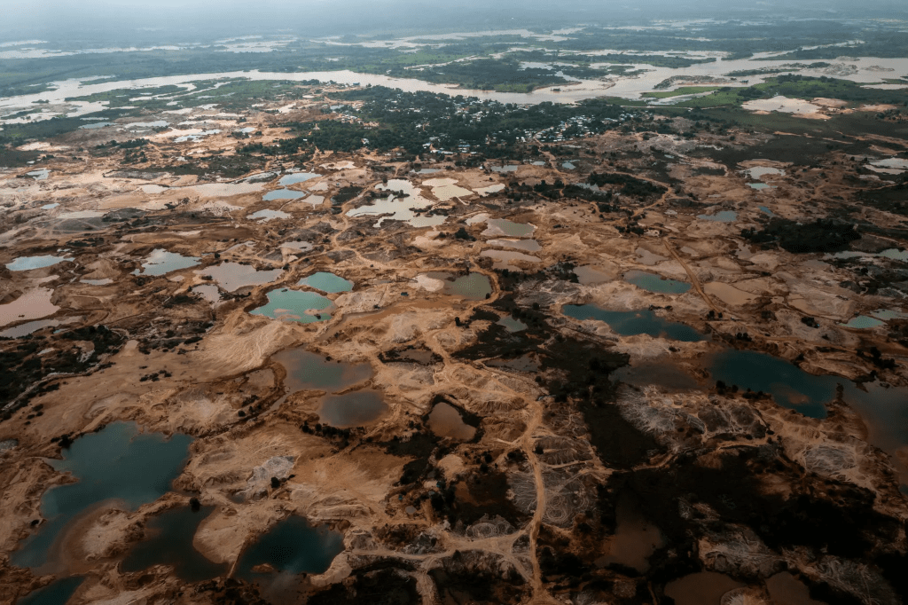 Los mineros del oro han talado los bosques y praderas a lo largo del río Nechí, en Colombia. Los charcos de colores brillantes que salpican la zona están contaminados por la minería.