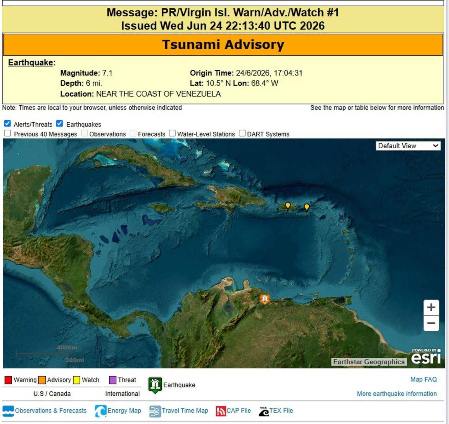 EE.UU. emite alerta de tsunami tras sismo en Venezuela