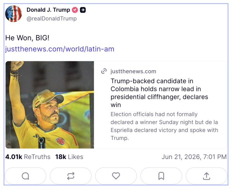 La derecha celebra triunfo de De la Espriella en Colombia
