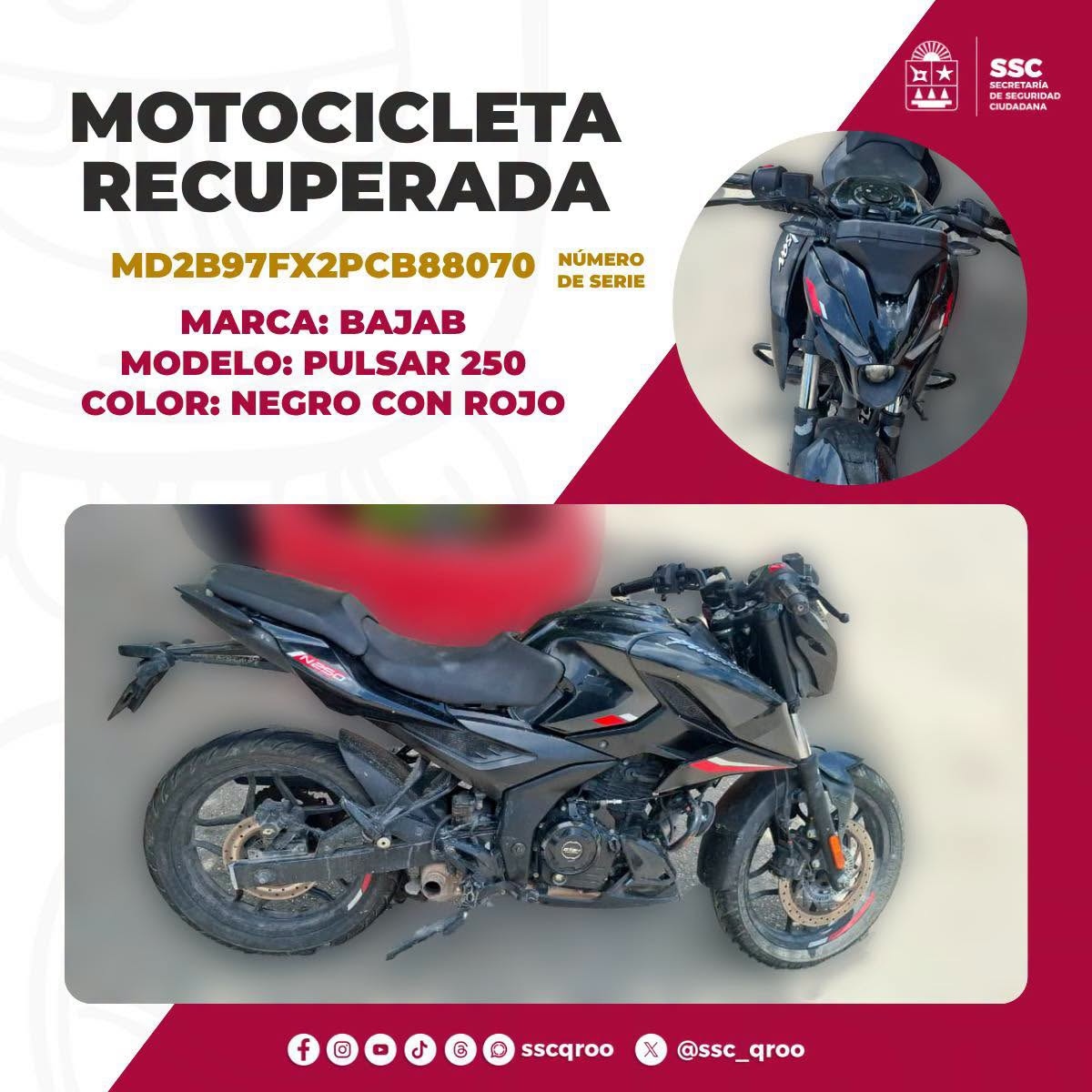 Aseguran motocicleta robada en Benito Juárez, Quintana Roo