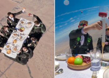 VIDEO: Paracaidistas desafían la gravedad con una cena en el aire