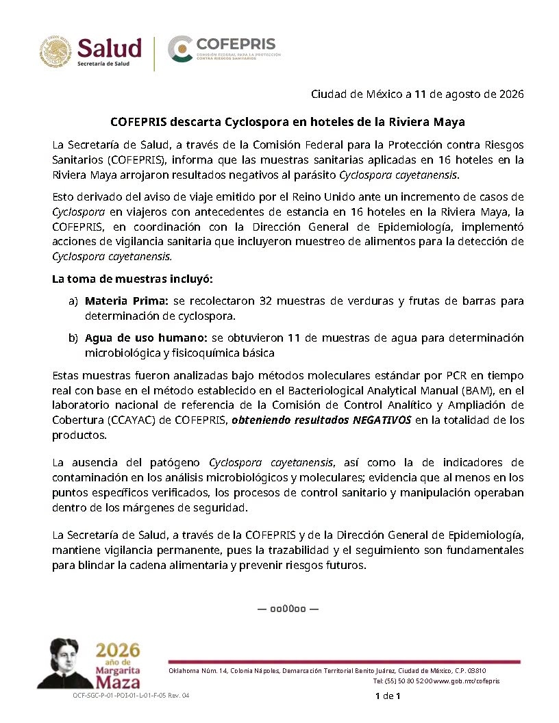 COFEPRIS descarta Cyclospora en hoteles de Riviera Maya