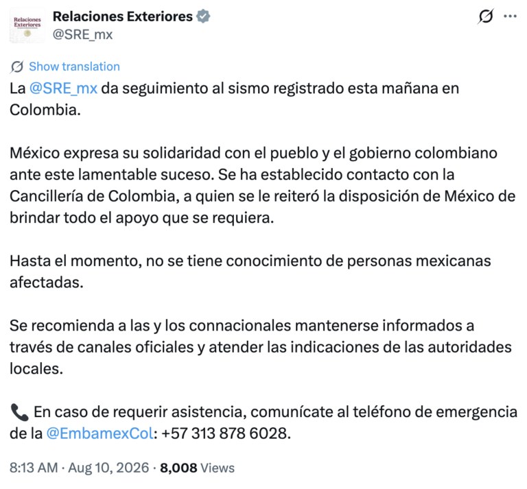 SRE pide a mexicanos en Colombia seguir indicaciones tras sismo