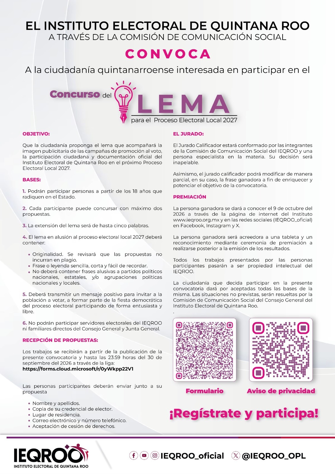 IEQROO convoca a concurso de lema para PEL 2027