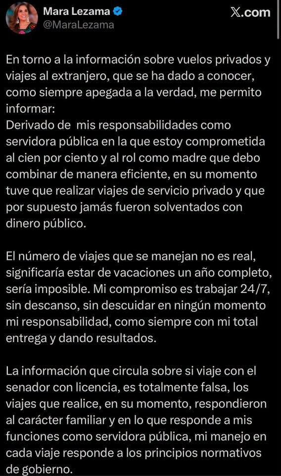 Mara Lezama niega uso de recursos públicos en vuelos privados