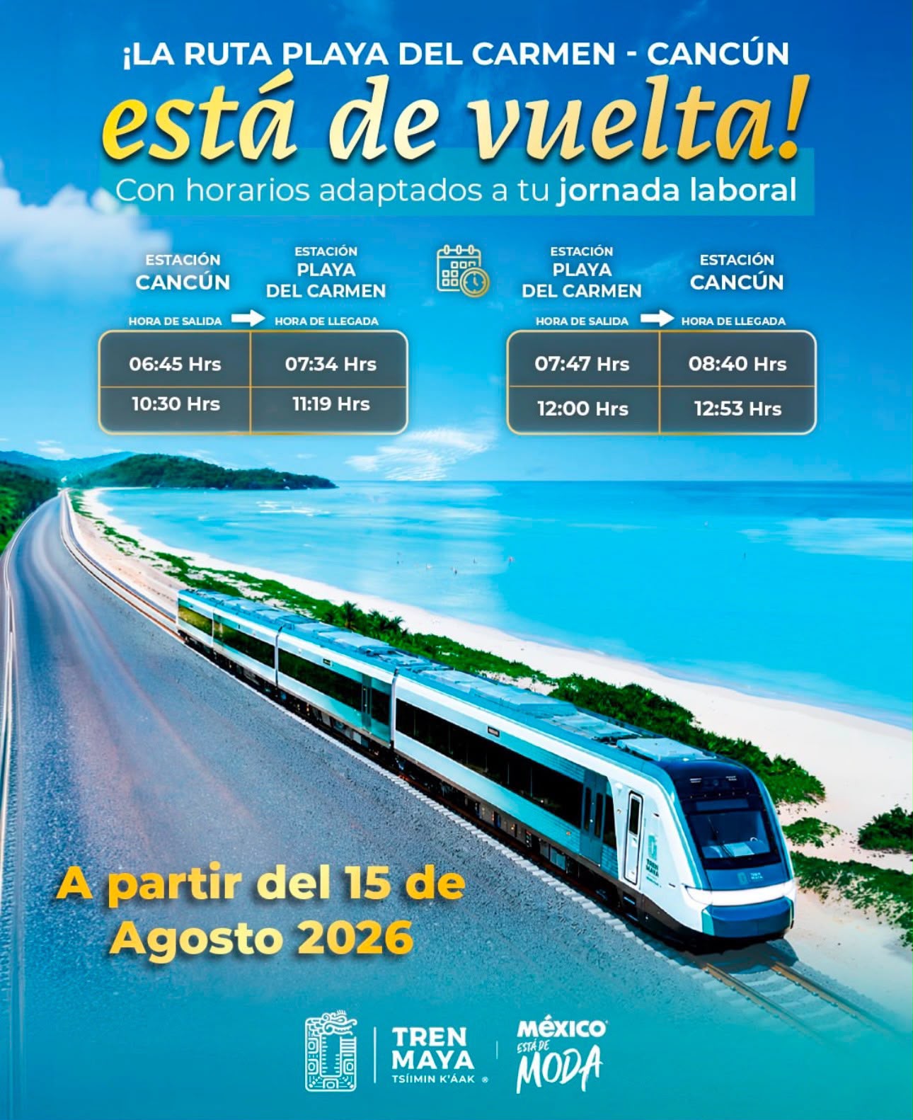 Tren Maya reanuda ruta Cancún-Playa del Carmen el 15 de agosto