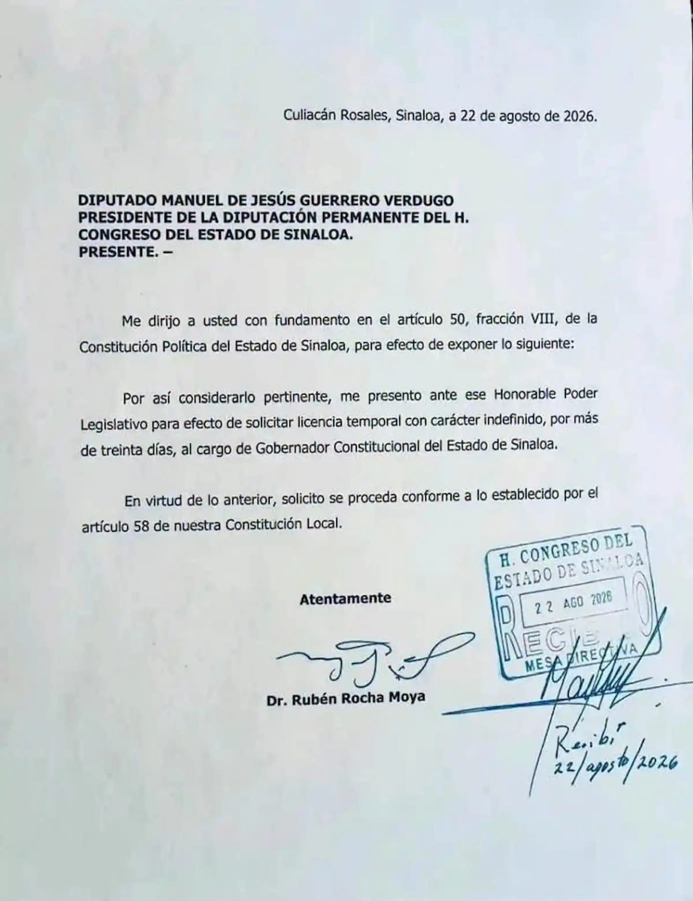 Gobernador de Sinaloa Rubén Rocha Moya pide nueva licencia