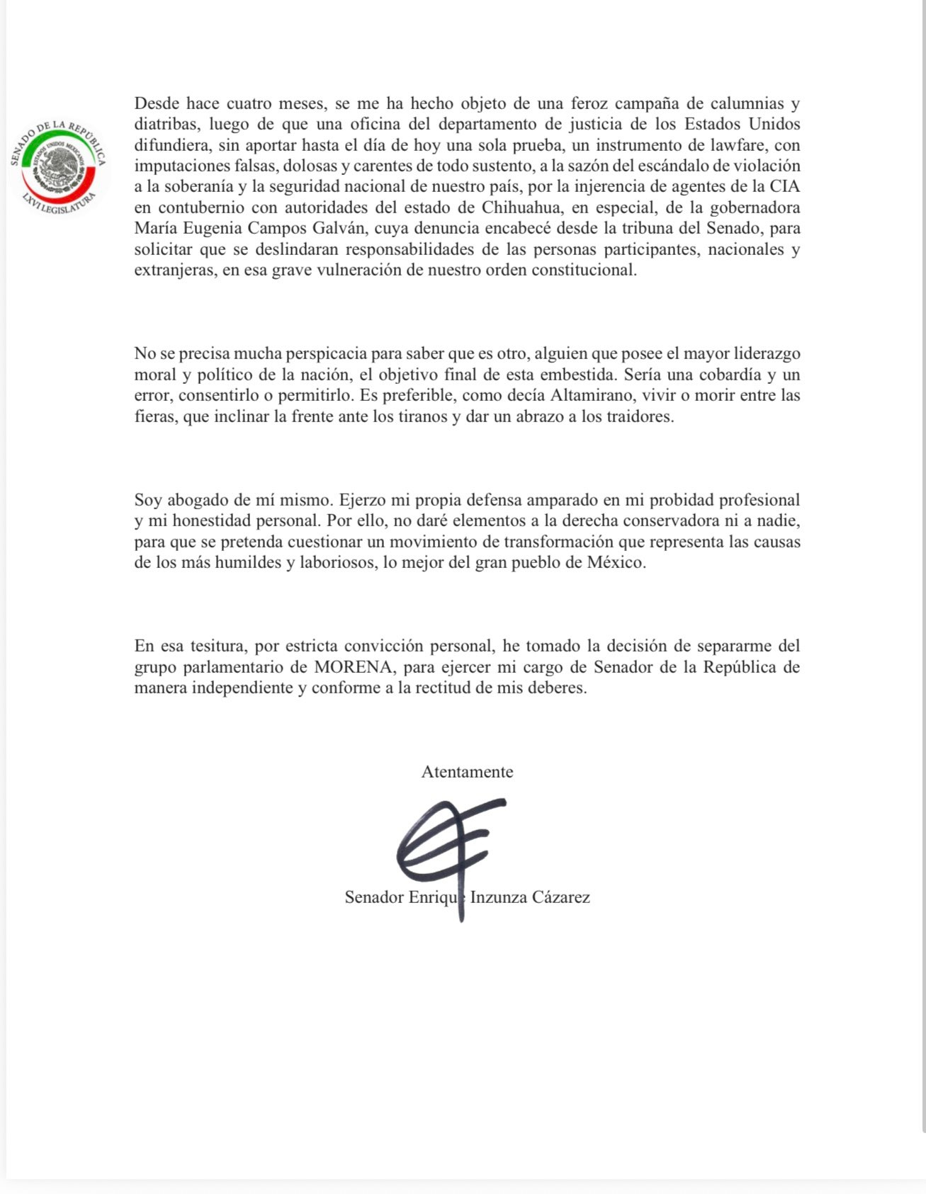 Enrique Inzunza se separa de Morena en el Senado