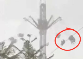VIDEO; Juego mecánico queda suspendido  en el aire por tormenta
