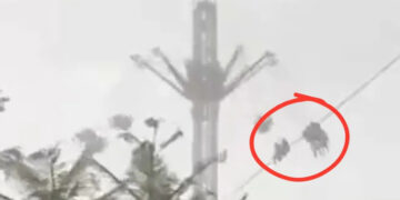 VIDEO; Juego mecánico queda suspendido  en el aire por tormenta