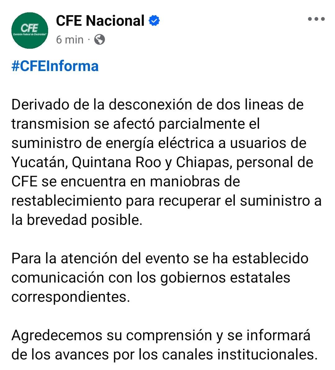 Apagón parcial afecta Yucatán, Quintana Roo y Chiapas