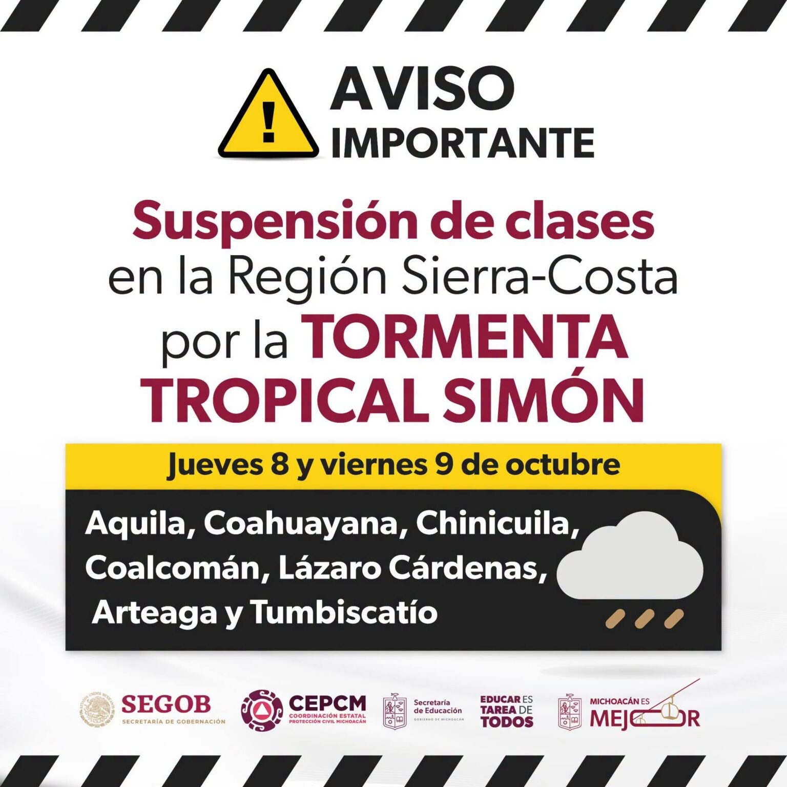 Suspenden clases en siete municipios de Michoacán por Simón
