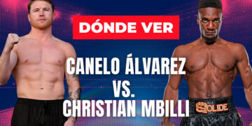 Cartel promocional de boxeo con dos púgiles de frente, uno a la izquierda y otro a la derecha, y el texto central “DÓNDE VER” y “CANELO ÁLVAREZ VS. CHRISTIAN MBILLI”.